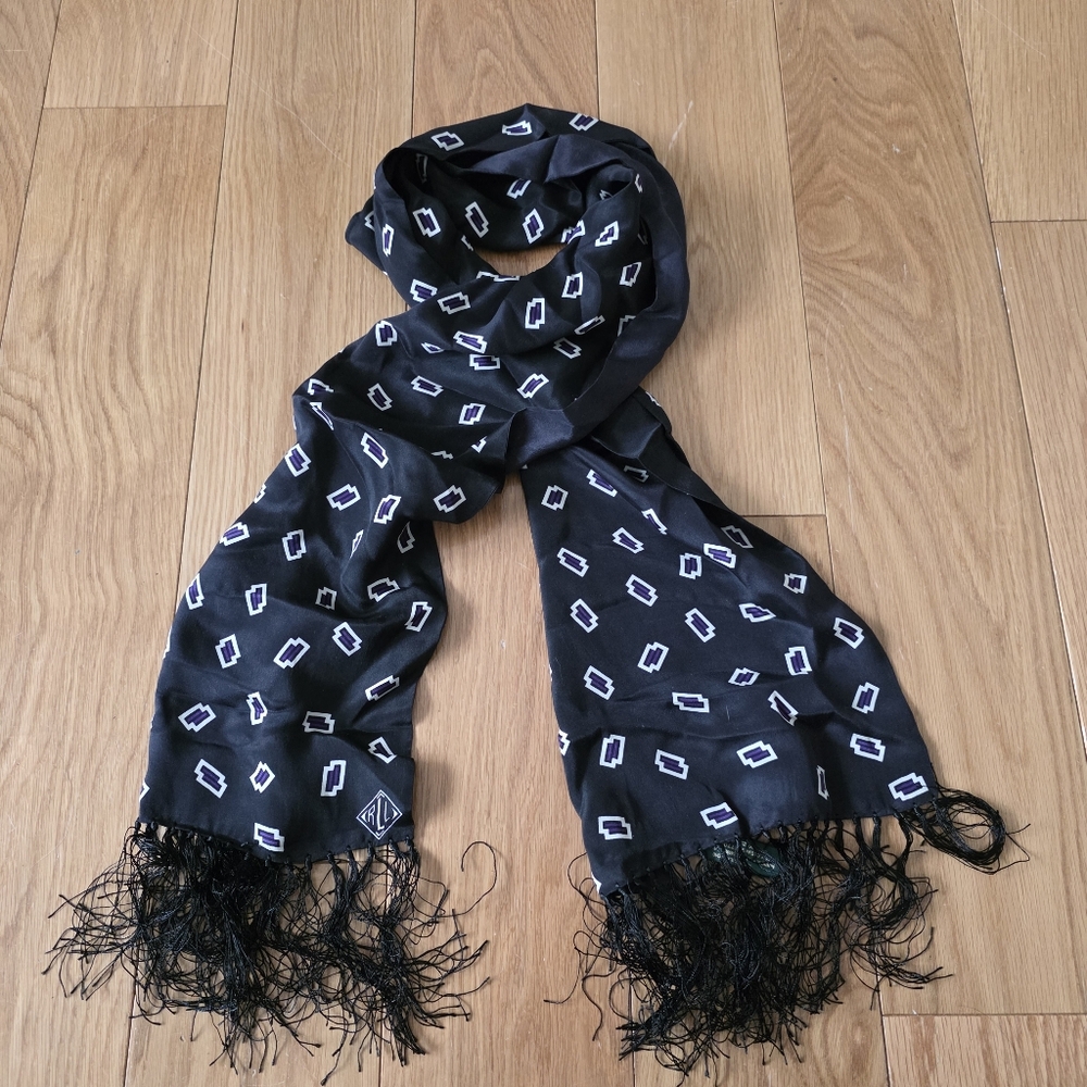 Ralph Lauren Black Purple Silk Scarf with White Print Fringe - Picture 2 of 8